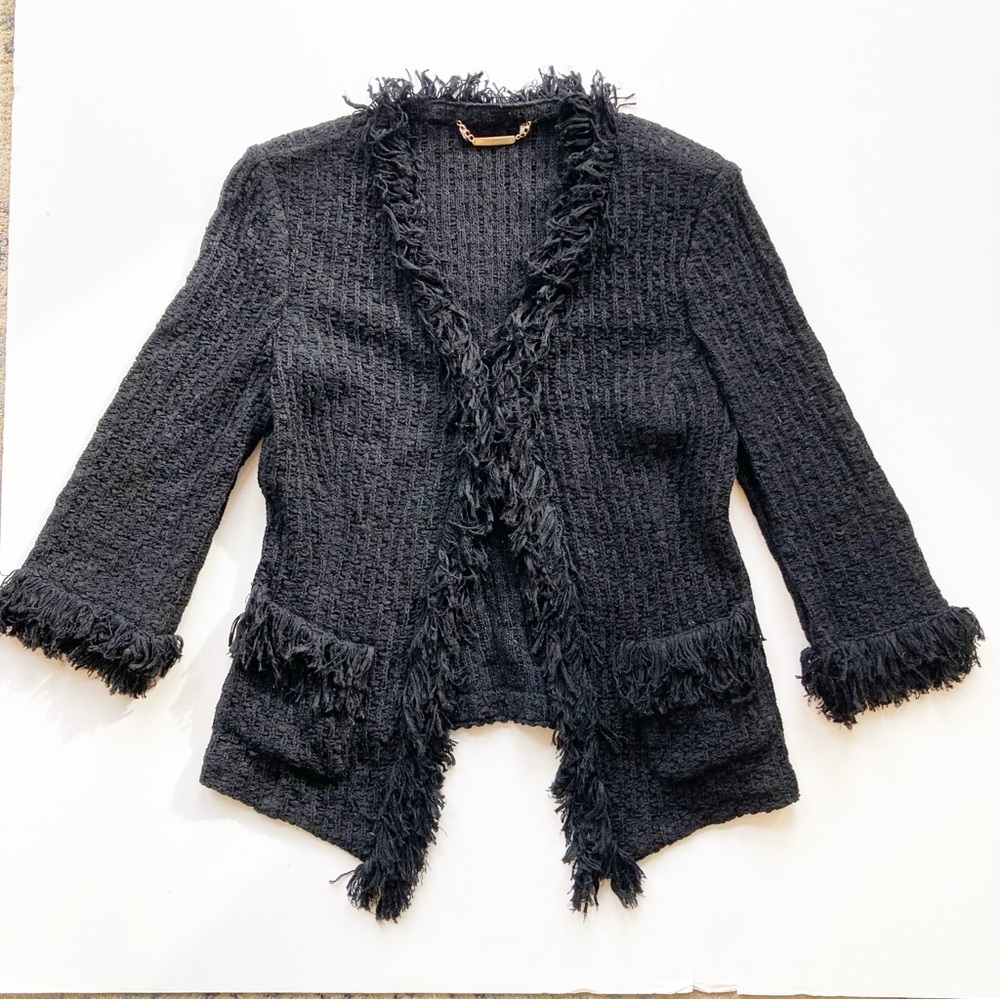 St. John Black Fringe Blazer Jacket Knit Shaggy Pockets Hook Eye Shoulder Pad 12